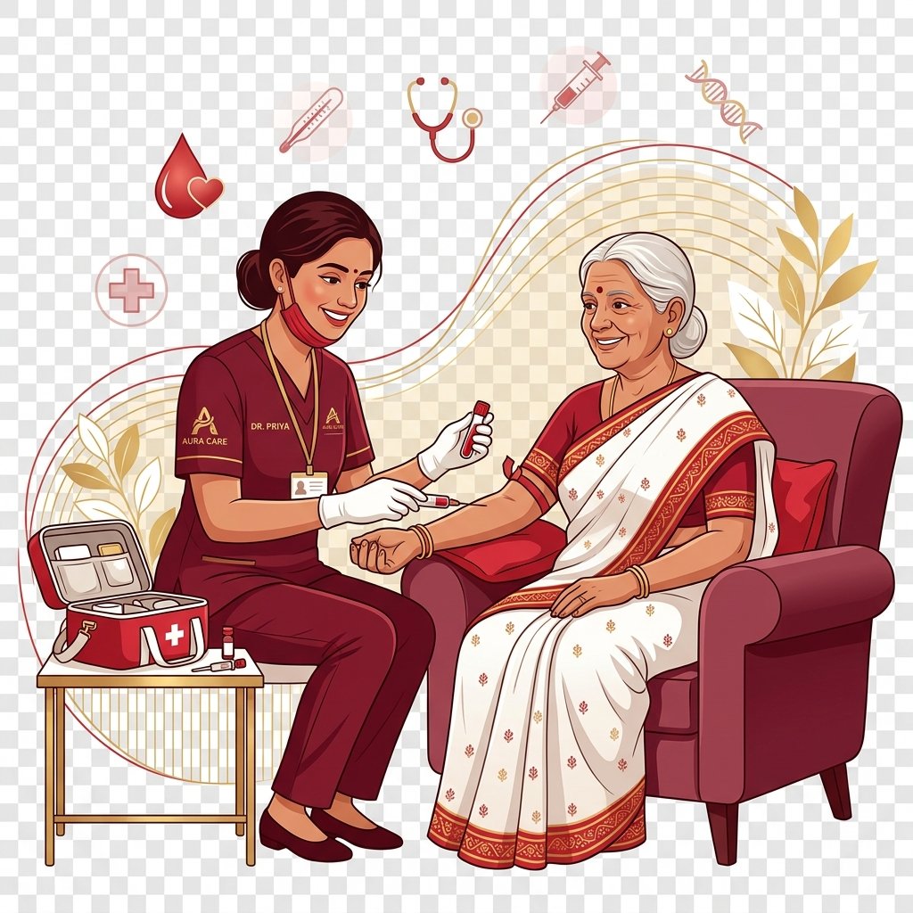 Indian pathology technician drawing patient blood sample at home illustration